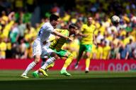 12th May 2024; Carrow Road, Norwich, Norfolk, England; EFL Championship Play Off Football, Semi Final, First Leg, Norwich City versus Leeds United; Borja Sainz of Norwich City competes for the ball with Llia Gruev of Leeds