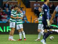 15th May 2024; Rugby Park, Kilmarnock, Scotland: Scottish Premiership Football, Kilmarnock versus Celtic; Matt ORiley of Celtic celebrates with Greg Taylor of Celtic after he scored in the 52nd minute to make it 4