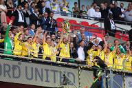 18th May 2024; Wembley Stadium, London, England; EFL League One Play Off Football Final, Bolton Wanderers versus Oxford United; Oxford United captain Elliott Moore lifts the Sky Bet League One Play-off winner trophy