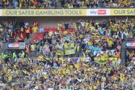 18th May 2024; Wembley Stadium, London, England; EFL League One Play Off Football Final, Bolton Wanderers versus Oxford United; Oxford United fans celebrate towards the end of the match