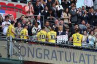 18th May 2024; Wembley Stadium, London, England; EFL League One Play Off Football Final, Bolton Wanderers versus Oxford United; Billy Bodin of Oxford United and others receive their Sky Bet League One Play-off winner medal