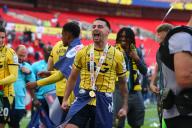 18th May 2024; Wembley Stadium, London, England; EFL League One Play Off Football Final, Bolton Wanderers versus Oxford United; Owen Dale of Oxford United celebrates winning the Sky Bet League One Play-off Final