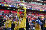 18th May 2024; Wembley Stadium, London, England; EFL League One Play Off Football Final, Bolton Wanderers versus Oxford United; Josh Murphy of Oxford United celebrates with the Sky Bet League One Play-off winner trophy