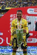 18th May 2024; Wembley Stadium, London, England; EFL League One Play Off Football Final, Bolton Wanderers versus Oxford United; Josh Murphy of Oxford United with the Sky Bet League One Play-off winner trophy