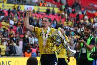 18th May 2024; Wembley Stadium, London, England; EFL League One Play Off Football Final, Bolton Wanderers versus Oxford United; Ciaron Brown of Oxford United celebrates with the Sky Bet League One Play-off winner trophy