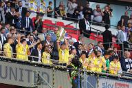 18th May 2024; Wembley Stadium, London, England; EFL League One Play Off Football Final, Bolton Wanderers versus Oxford United; Mark Harris of Oxford United lifts the Sky Bet League One Play-off winner trophy