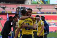 18th May 2024; Wembley Stadium, London, England; EFL League One Play Off Football Final, Bolton Wanderers versus Oxford United; Marcus Browne of Oxford United celebrates with Cameron Brannagan after the match