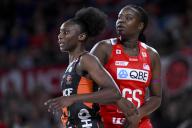 19th May 2024; Ken Rosewall Arena, Sydney, NSW, Australia: Suncorp Super Netball , New South Wales Swifts versus Giants Netball; Jodi-Ann Ward of the Giants and Samantha Wallace-Joseph of the NSW Swifts wait for the