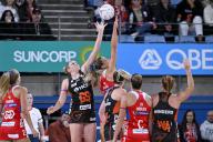 19th May 2024; Ken Rosewall Arena, Sydney, NSW, Australia: Suncorp Super Netball , New South Wales Swifts versus Giants Netball; Jo Harten of the Giants and Sarah Klau of the NSW Swifts compete for the