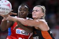 19th May 2024; Ken Rosewall Arena, Sydney, NSW, Australia: Suncorp Super Netball , New South Wales Swifts versus Giants Netball; Matilda McDonell of the Giants reaches for the ball as Samantha Wallace-Joseph of the NSW Swifts attempts to catch