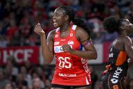 19th May 2024; Ken Rosewall Arena, Sydney, NSW, Australia: Suncorp Super Netball , New South Wales Swifts versus Giants Netball; Samantha Wallace-Joseph of the NSW Swifts reacts after