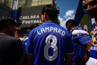 19th May 2024; Stamford Bridge, Chelsea, London, England: Premier League Football, Chelsea versus Bournemouth; Chelsea fan wearing a Frank Lampard of Chelsea home shirt outside Stamford