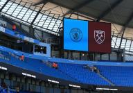 19th May 2024; Etihad Stadium, Manchester, England; Premier League Football, Manchester City versus West Ham United; the main scoreboard displays the clubsâ crests prior to the