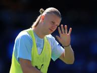 19th May 2024; Etihad Stadium, Manchester, England; Premier League Football, Manchester City versus West Ham United; Erling Haaland of Manchester City waves to fans during the pre match warm