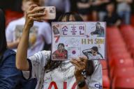 19th May 2024; Bramall Lane, Sheffield, England; Premier League Football, Sheffield United versus Tottenham Hotspur; A Spurs fan holds up a sign asking for Son Heung-min
