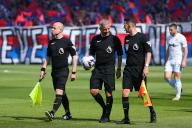19th May 2024; Selhurst Park, Selhurst, London, England; Premier League Football, Crystal Palace versus Aston Villa; referee Darren Bond leading out the players alongside assistant referee James Mainwaring and Craig Taylor