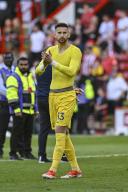 19th May 2024; Bramall Lane, Sheffield, England; Premier League Football, Sheffield United versus Tottenham Hotspur; Guglielmo Vicario of Spurs applauds the travelling fans after the final
