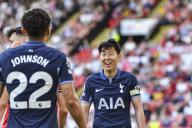 19th May 2024; Bramall Lane, Sheffield, England; Premier League Football, Sheffield United versus Tottenham Hotspur; Son Heung-min of Spurs smiles at Brennan Johnson after a missed