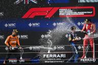 19th May 2024; Autodromo Enzo e Dino Ferrari, Imola, Italy; FIA Formula 1 Emilia Romagna Grand Prix 2024; Race Day; (L-R) Lando Norris of Great Britain driving for McLaren F1 Team, Max Verstappen of Netherlands driving for Red Bull Racing F1 Team, Charles Leclerc of Monaco driving for Scuderia Ferrari HP F1 Team celebrate on the