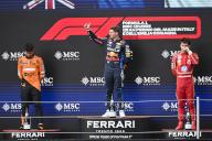 19th May 2024; Autodromo Enzo e Dino Ferrari, Imola, Italy; FIA Formula 1 Emilia Romagna Grand Prix 2024; Race Day; (L-R) Lando Norris of Great Britain driving for McLaren F1 Team, Max Verstappen of Netherlands driving for Red Bull Racing F1 Team, Charles Leclerc of Monaco driving for Scuderia Ferrari HP F1 Team celebrate on the