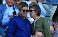 19th May 2024; Etihad Stadium, Manchester, England; Premier League Football, Manchester City versus West Ham United; Noel Gallagher chats to guitarsit Johnny Marr before the kick off