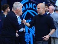19th May 2024; Etihad Stadium, Manchester, England; Premier League Football, Manchester City versus West Ham United; West Ham United manager David Moyes shakes heads with Manchester City manager Pep Guardiola