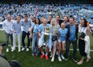 19th May 2024; Etihad Stadium, Manchester, England; Premier League Football, Manchester City versus West Ham United; Erling Haaland of Manchester City and friends and family pose with the Premier League