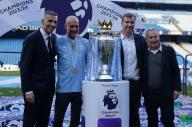 19th May 2024; Etihad Stadium, Manchester, England; Premier League Football, Manchester City versus West Ham United; Manchester City chairman Khaldoon Al Mubarak, Manchester City manager Pep Guardiola and Manchester City CEO Ferran Soriano pose with the Premier League