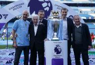 19th May 2024; Etihad Stadium, Manchester, England; Premier League Football, Manchester City versus West Ham United; Manchester City chairman Khaldoon Al Mubarak, Manchester City manager Pep Guardiola and Manchester City CEO Ferran Soriano pose with the Premier League
