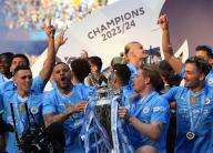 19th May 2024; Etihad Stadium, Manchester, England; Premier League Football, Manchester City versus West Ham United; Kyle Walker and Kevin de Bruyne of Manchester City with the trophy