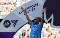19th May 2024; Etihad Stadium, Manchester, England; Premier League Football, Manchester City versus West Ham United; Manchester City manager Pep Guardiola wearing his Premier League winners