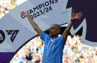 19th May 2024; Etihad Stadium, Manchester, England; Premier League Football, Manchester City versus West Ham United; Manchester City manager Pep Guardiola wearing his Premier League winners