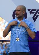 19th May 2024; Etihad Stadium, Manchester, England; Premier League Football, Manchester City versus West Ham United; Manchester City manager Pep Guardiola with his Premier League winners