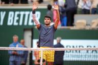 2nd June 2024; Roland Garros, Paris, France; 2024 French Open Tennis tournament, Day 8; Carlos Alcaraz waves to his fans at the end of his match and his win against Felix Auger