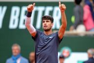 2nd June 2024; Roland Garros, Paris, France; 2024 French Open Tennis tournament, Day 8; Carlos Alcaraz shows his appreciation to the crowd after his win against Felix Auger