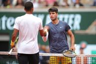 2nd June 2024; Roland Garros, Paris, France; 2024 French Open Tennis tournament, Day 8; Carlos Alcaraz shakes Felix Auger-Aliassimeâs hand after their
