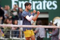 2nd June 2024; Roland Garros, Paris, France; 2024 French Open Tennis tournament, Day 8; Carlos Alcaraz celebrates at the end of his match and his win against Felix Auger