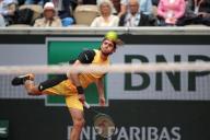 2nd June 2024; Roland Garros, Paris, France; 2024 French Open Tennis tournament, Day 8; Stefano Tsitsipas blasts a serve against Matteo