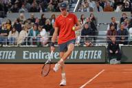 2nd June 2024; Roland Garros, Paris, France; 2024 French Open Tennis tournament, Day 8; Jannik Sinner clears the clay from his shoes during the quarter final against Corentin Moutet (fra