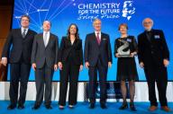 Family picture with winner American chemist Carolyn Bertozzi (2nd R), King Philippe - Filip of Belgium (3rd R) and Solvay CEO Ilham Kadri (3rd L) at the award ceremony for the biannual 
