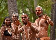 LAURA,QLD - JULY 08 2023:Indigenous Australians people on ceremonial dance in Laura Quinkan Dance Festival Cape York Australia. Ceremonies combine dance, song, rituals, body decorations and