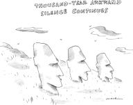 Three Easter Island heads are show with the caption âTHOUSAND YEAR AWKWARD SILENCE CONTINUESâ