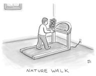 Nature Walk -- A man walks on a treadmill, while holding a potted plant in front of his face.