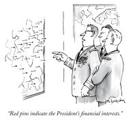 “Red pins indicate the President’s financial interests.”