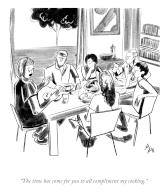 Six people sit around the dinner table
