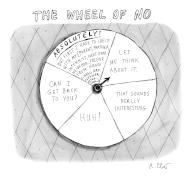 A game show-style wheel with an arrow and different versions of saying no