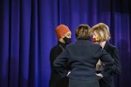 From left to right: United States Representative Ilhan Omar (Democrat of Minnesota), US Senator Amy Klobuchar (Democrat of Minnesota), and United States Senator Tina Smith (Democrat of Minnesota), talk before Daunte Wrights funeral at Shiloh Temple International Ministries for the funeral of Daunte Wright in Minneapolis, Minn., U.S., on Thursday, April 22, 2021. Wright was shot by police officer Kimberly Ann Potter who claims she thought she was deploying a taser when Wright attempted to flee as police attempted to place him under arrest for an outstanding warrant during a traffic stop. Credit: Samuel Corum 