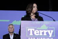 United States Vice President Kamala Harris, right, makes remarks at a campaign event for Terry McAuliffe, the Democratic Party nominee for Governor of Virginia, left, in Dumfries, Virginia on Thursday, October 21, 2021. Credit: Yuri Gripas / Pool via