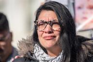 United States Representative Rashida Tlaib (Democrat of Michigan) speaks at a press conference with activists calling for a ceasefire in Gaza at the House Triangle in front of the Capitol in Washington, D.C. on Thursday, December 14, 2023. Credit: Annabelle Gordon 