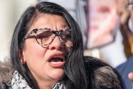 United States Representative Rashida Tlaib (Democrat of Michigan) cries while speaking at a press conference with activists calling for a ceasefire in Gaza at the House Triangle in front of the Capitol in Washington, D.C. on Thursday, December 14, 2023. Credit: Annabelle Gordon 